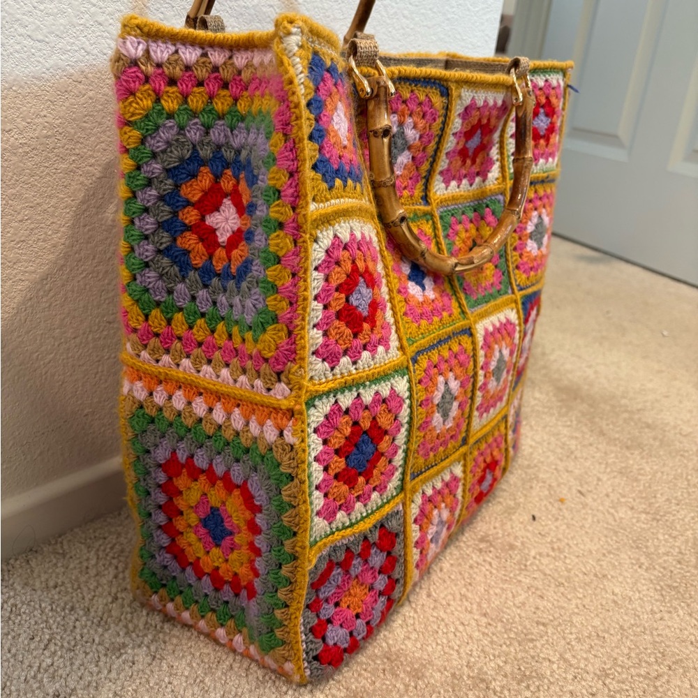 Milanesa Crochet Square Tote Bag with Bamboo Handles - Multicolor - Picture 2 of 10